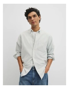 Regular Fit Australian Good Earth Cotton Oxford Stripe Shirt in Dried Sage