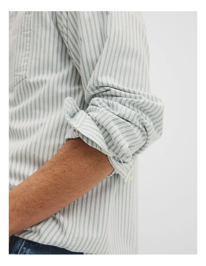 Regular Fit Australian Good Earth Cotton Oxford Stripe Shirt in Dried Sage image 3