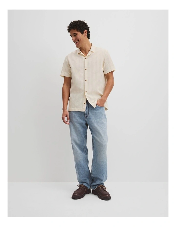 Regular Fit Short Sleeve Textured Stripe Shirt in Stone image 4