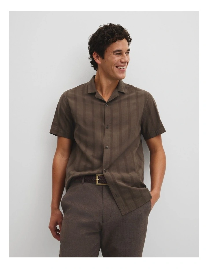Regular Fit Short Sleeve Textured Stripe Shirt in Coffee image 1