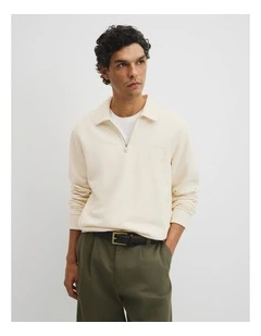 Australian Cotton Long Sleeve Folded Collar Sweat in Off White