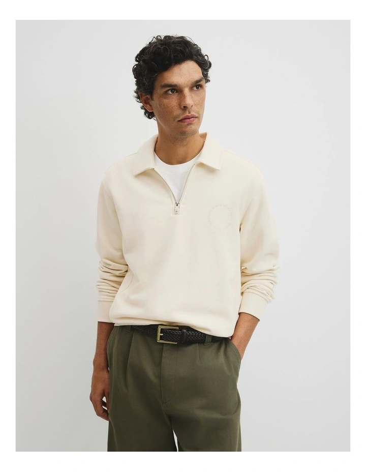 Australian Cotton Long Sleeve Folded Collar Sweat in Off White image 1