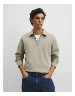 Australian Cotton Long Sleeve Folded Collar Sweat in Khaki Green