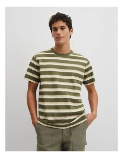 Australian Cotton Stripe Workwear T-shirt in Khaki Green
