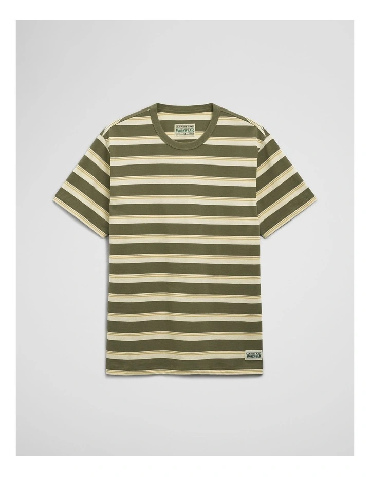 Australian Cotton Stripe Workwear T-shirt in Khaki Green image 2