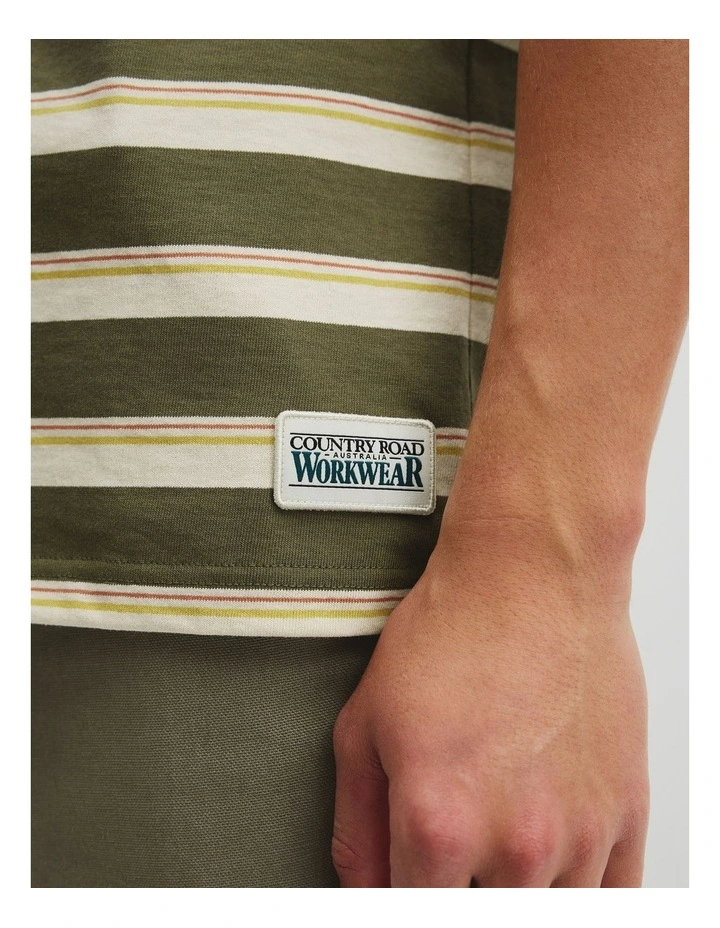 Australian Cotton Stripe Workwear T-shirt in Khaki Green image 3