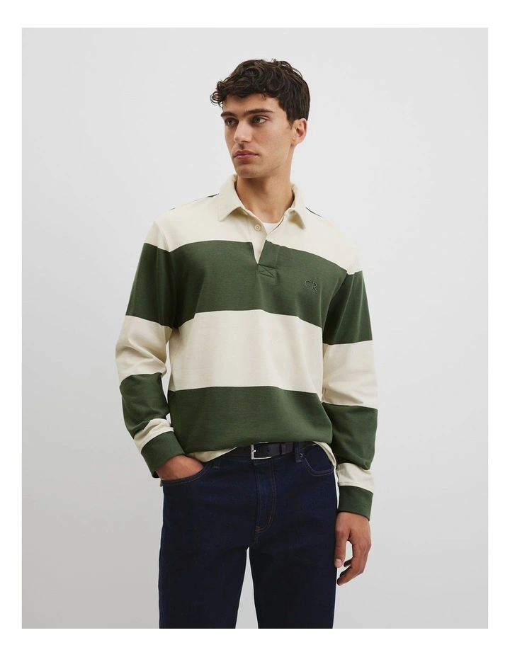 Australian Cotton Stripe Rugby Polo in Khaki Stripe image 3