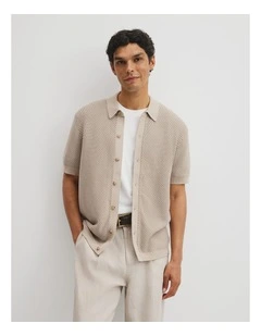 Australian Cotton Jacquard Knit Shirt in Stone