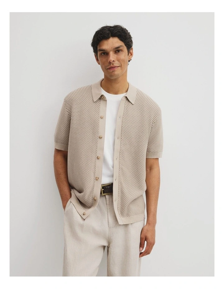 Australian Cotton Jacquard Knit Shirt in Stone image 1