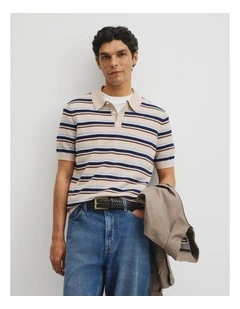 Boucle Stripe Knit Polo in Stone