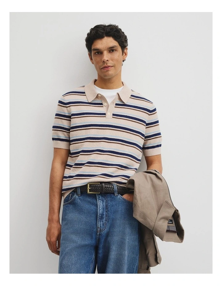 Boucle Stripe Knit Polo in Stone image 1