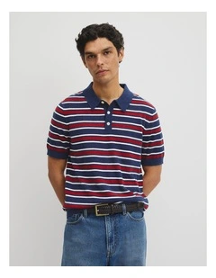 Boucle Stripe Knit Polo in Navy
