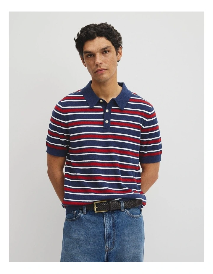 Boucle Stripe Knit Polo in Navy image 1