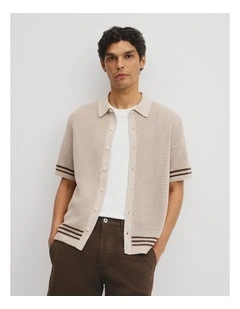 Relaxed Fit Australian Cotton Stripe Knit Shirt in Stone