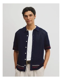 Relaxed Fit Australian Cotton Stripe Knit Shirt in Navy
