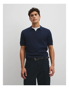 Australian Cotton Basket Knit Polo in Navy