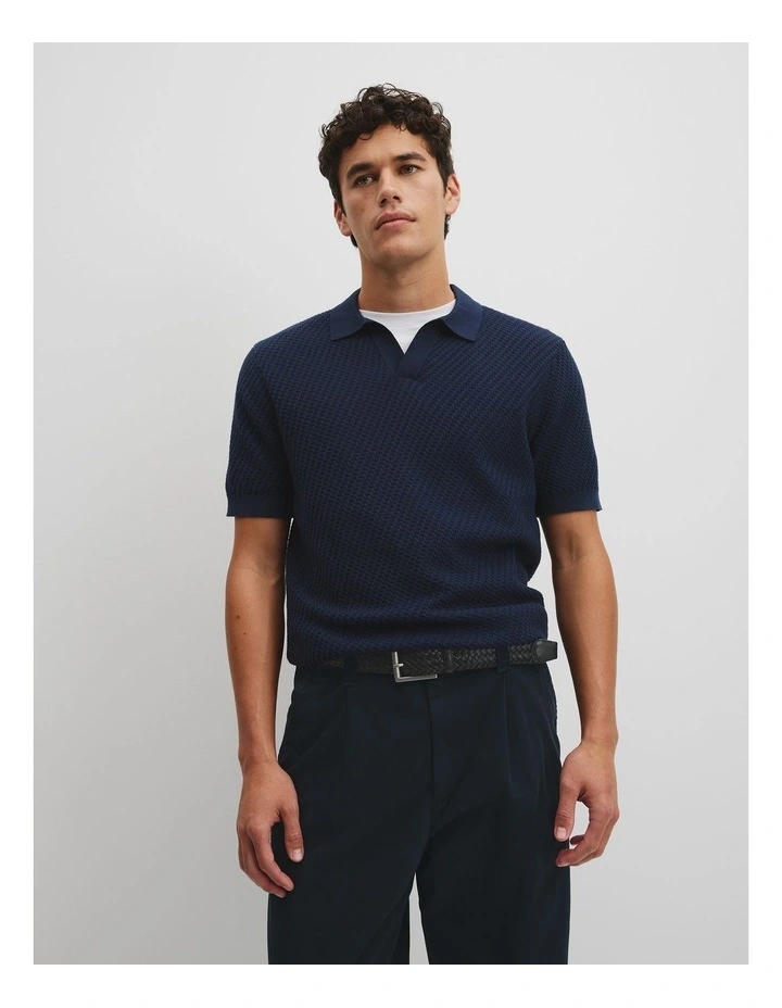 Australian Cotton Basket Knit Polo in Navy image 1