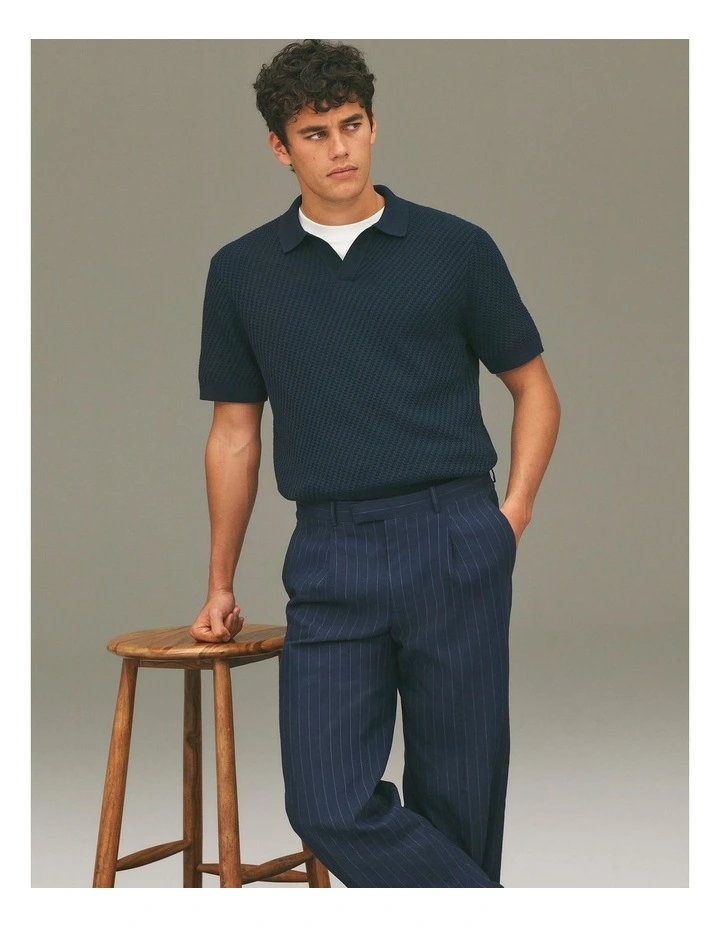 Australian Cotton Basket Knit Polo in Navy image 2