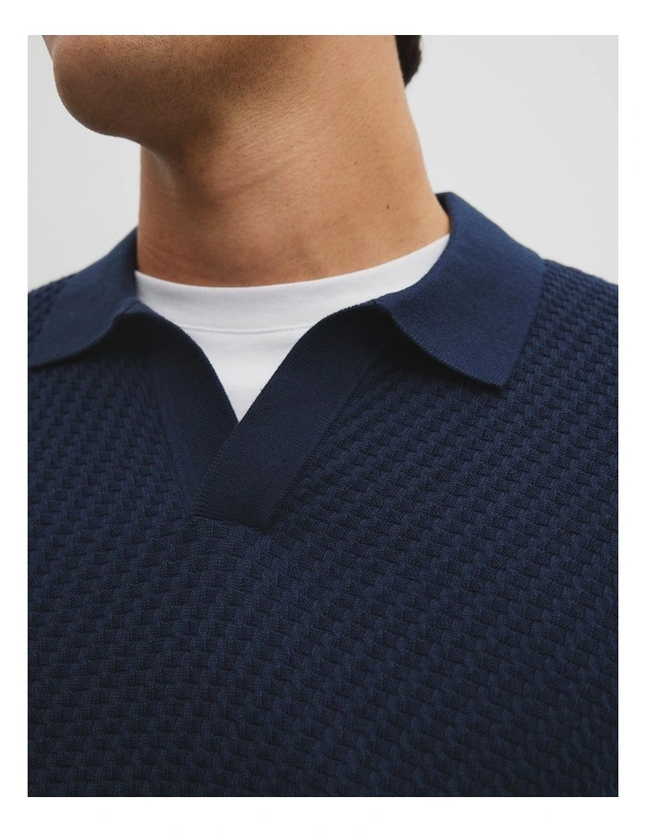 Australian Cotton Basket Knit Polo in Navy image 4