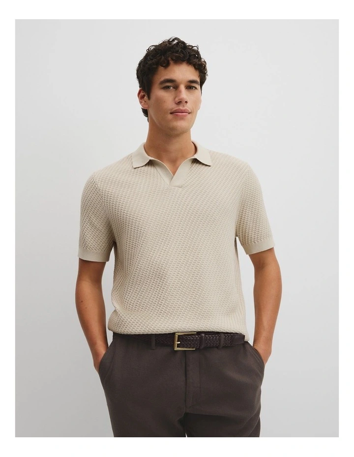 Australian Cotton Basket Knit Polo in Stone Melange image 1