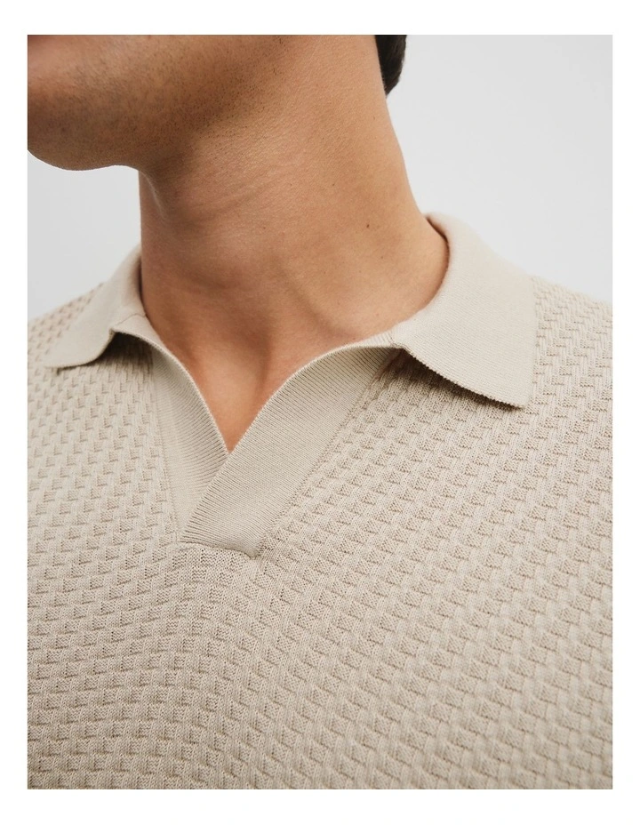 Australian Cotton Basket Knit Polo in Stone Melange image 3