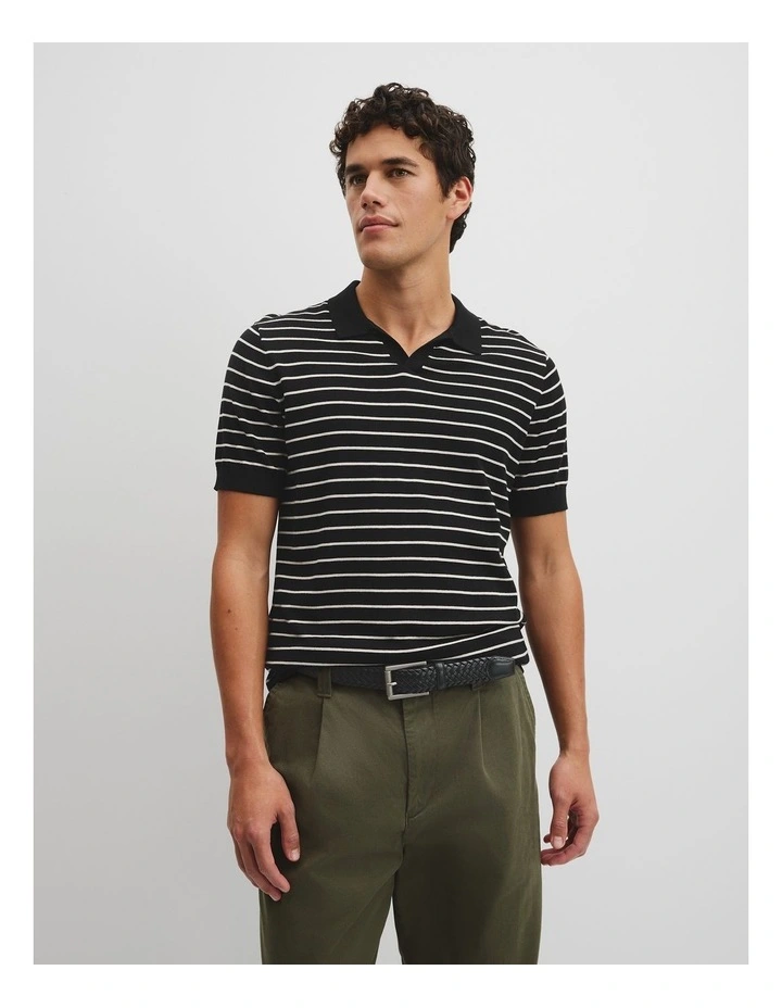 Australian Cotton Silk Stripe Knit Polo in Black image 1
