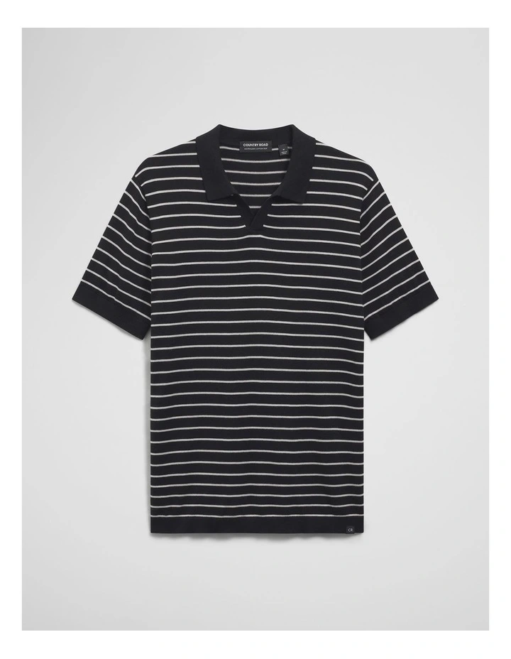 Australian Cotton Silk Stripe Knit Polo in Black image 2