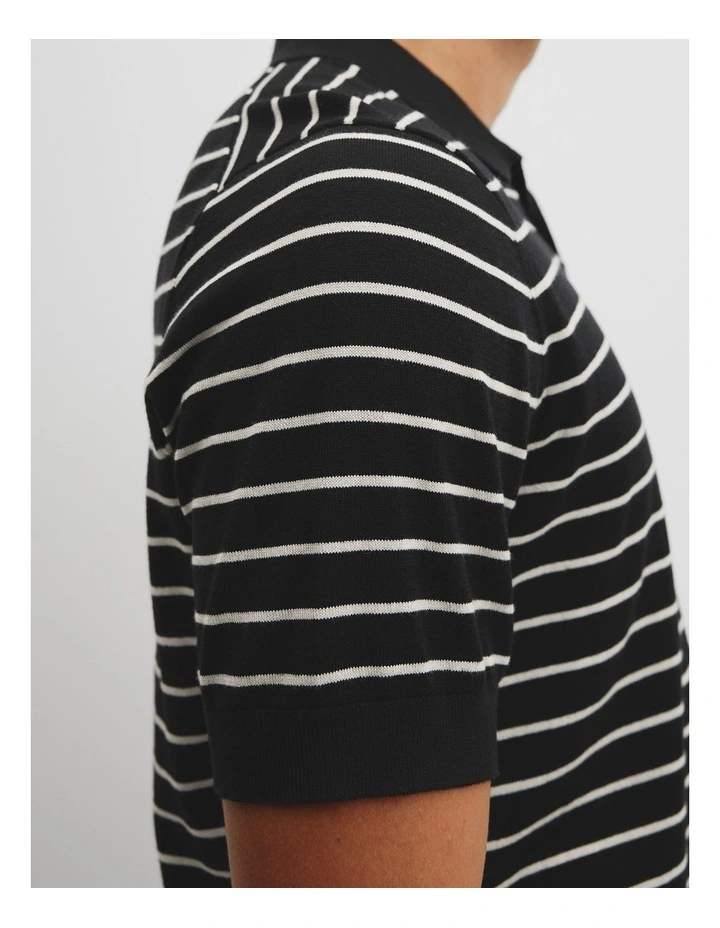 Australian Cotton Silk Stripe Knit Polo in Black image 3