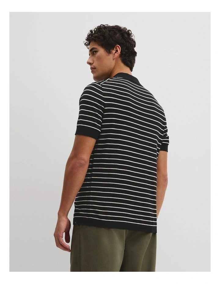 Australian Cotton Silk Stripe Knit Polo in Black image 5