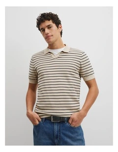 Australian Cotton Silk Stripe Knit Polo in Stone