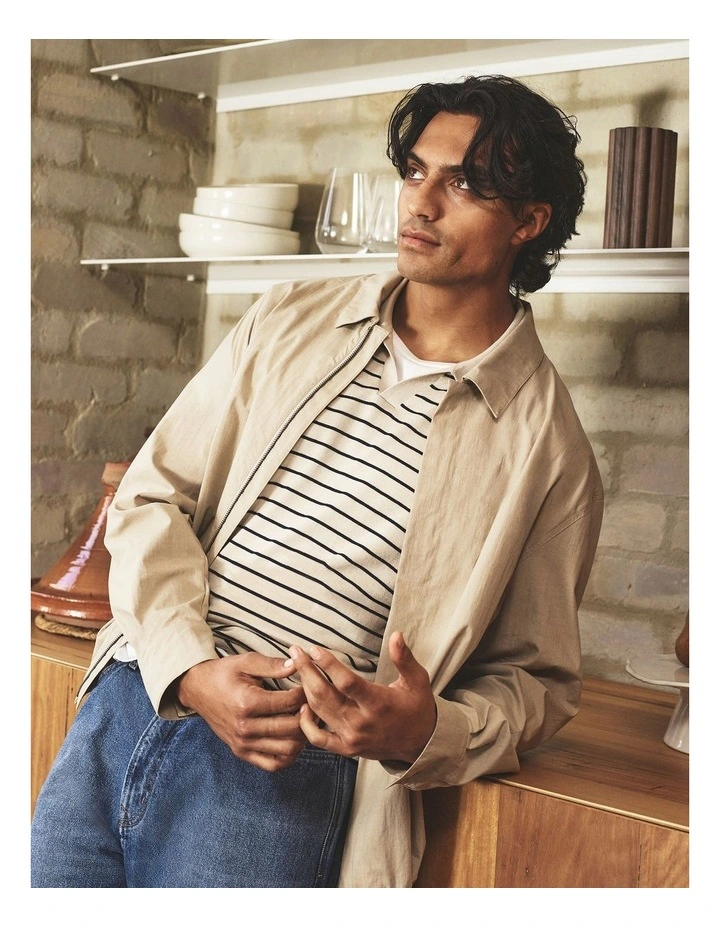 Australian Cotton Silk Stripe Knit Polo in Stone image 2