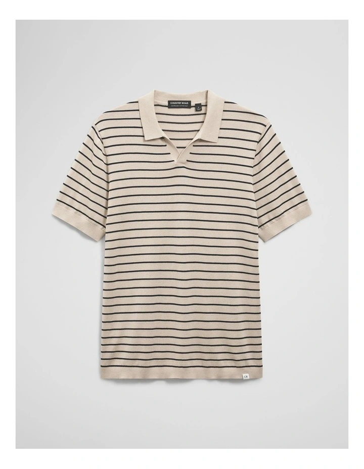 Australian Cotton Silk Stripe Knit Polo in Stone image 3