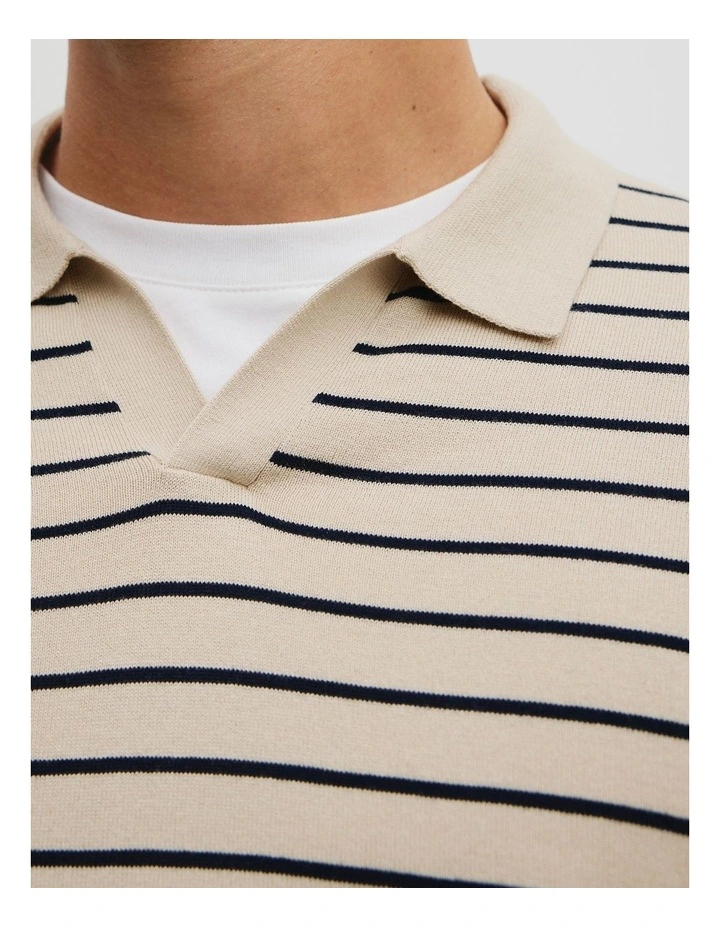 Australian Cotton Silk Stripe Knit Polo in Stone image 4
