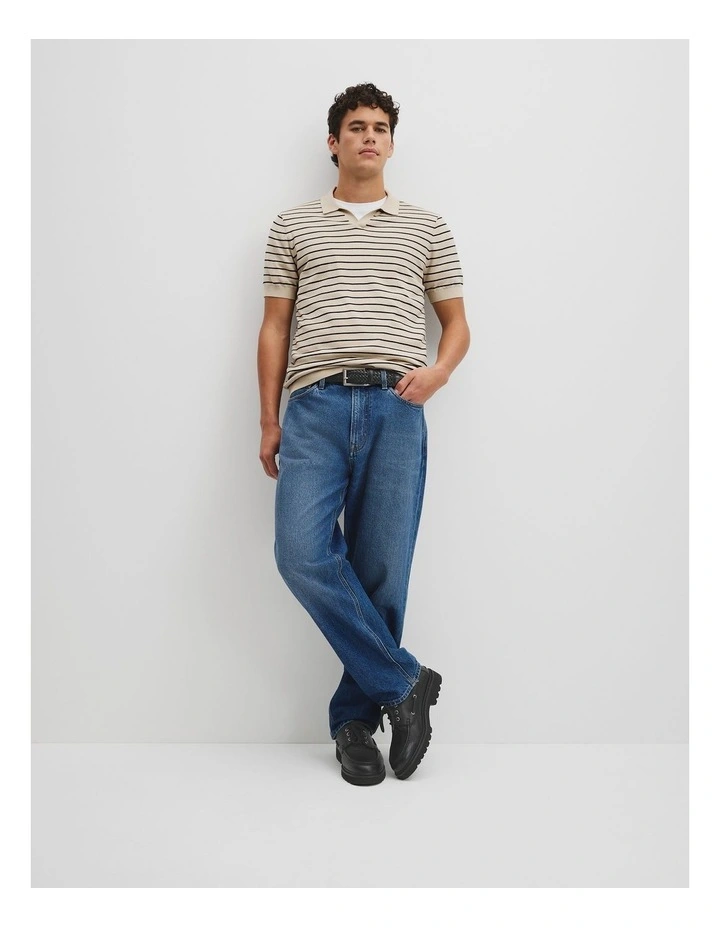 Australian Cotton Silk Stripe Knit Polo in Stone image 5