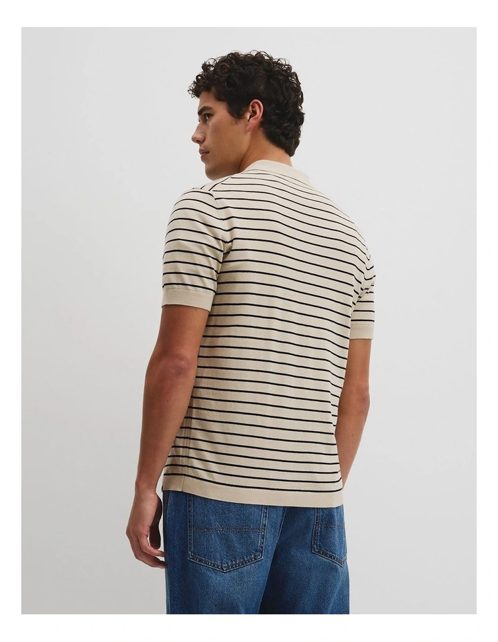 Australian Cotton Silk Stripe Knit Polo in Stone image 6