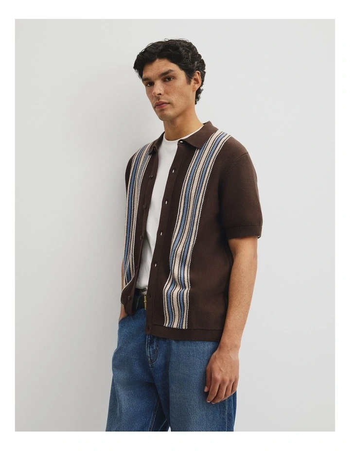Australian Cotton Textured Panel Knit Shirt in Fudge image 1