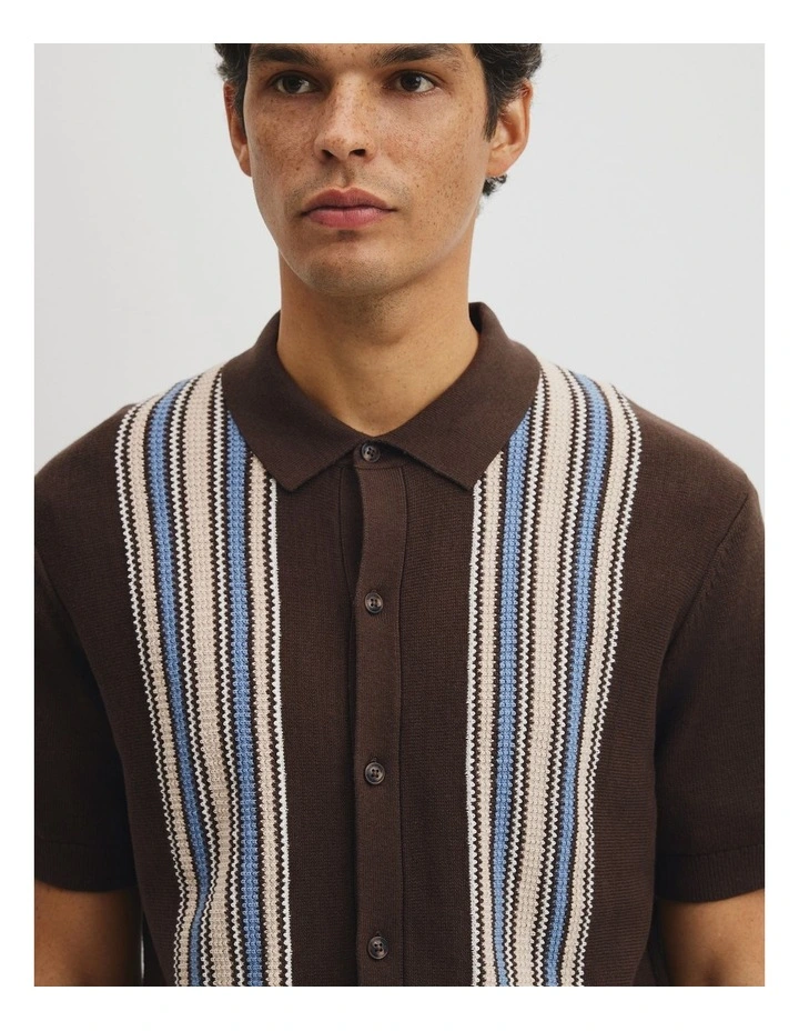 Australian Cotton Textured Panel Knit Shirt in Fudge image 3