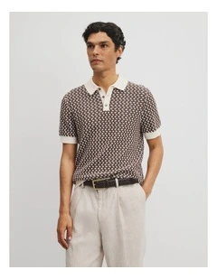 Australian Cotton Jacquard Knit Polo in Fudge