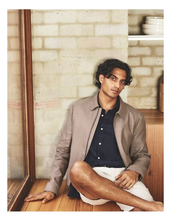Cotton Linen Blend Zip Through Jacket in Mushroom image 2