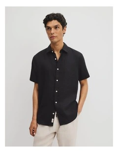 Regular Fit Short Sleeve Linen Shirt in Black