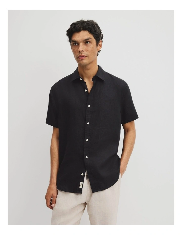 Regular Fit Short Sleeve Linen Shirt in Black image 1
