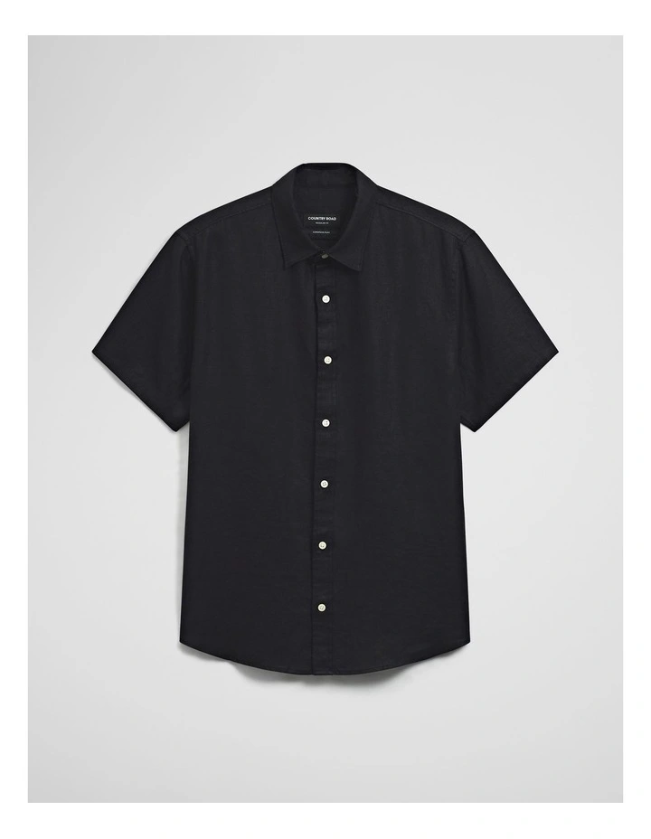 Regular Fit Short Sleeve Linen Shirt in Black image 2