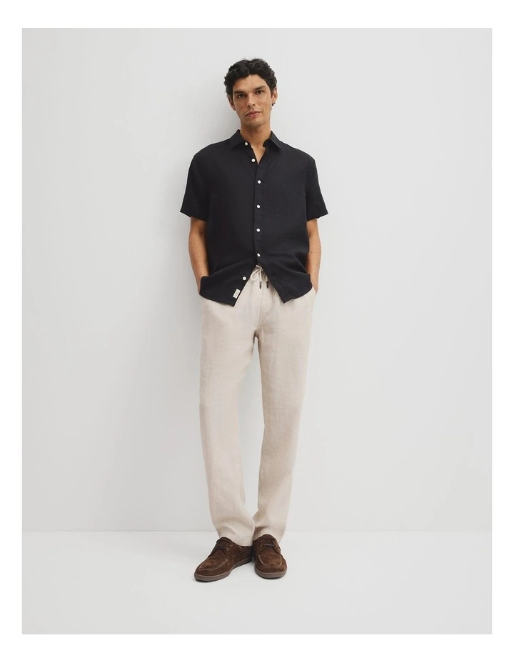 Regular Fit Short Sleeve Linen Shirt in Black image 4