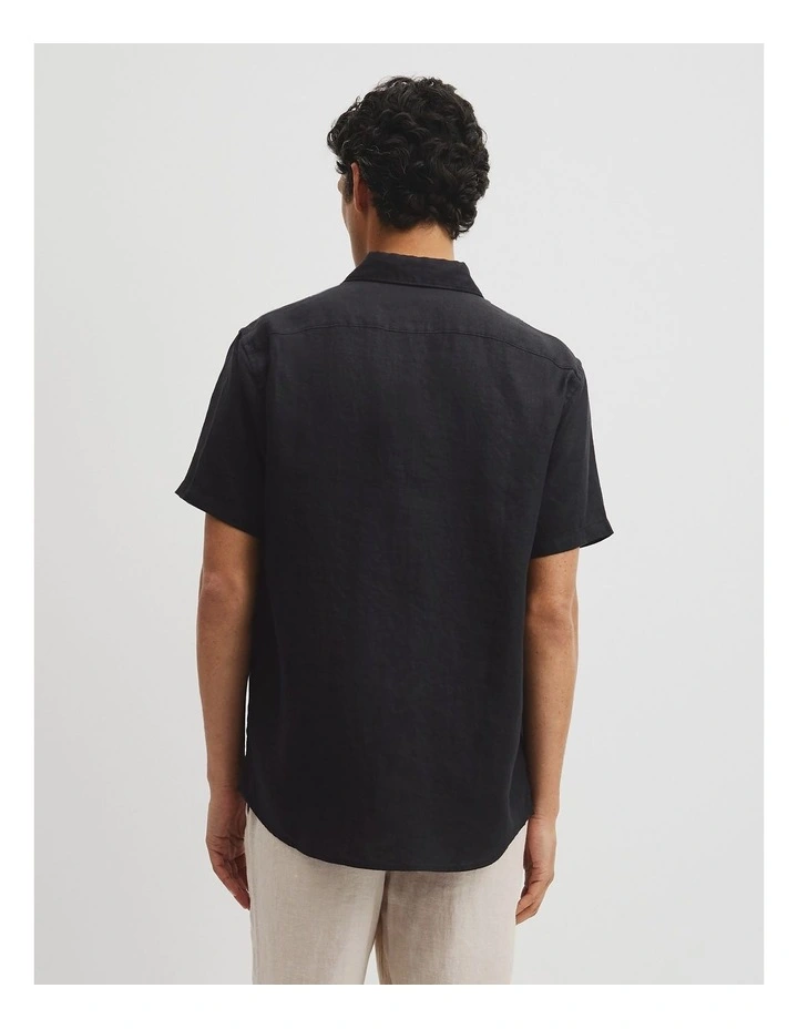 Regular Fit Short Sleeve Linen Shirt in Black image 5