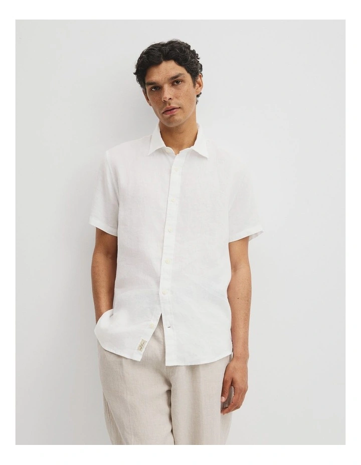 Regular Fit Short Sleeve Linen Shirt in White image 1