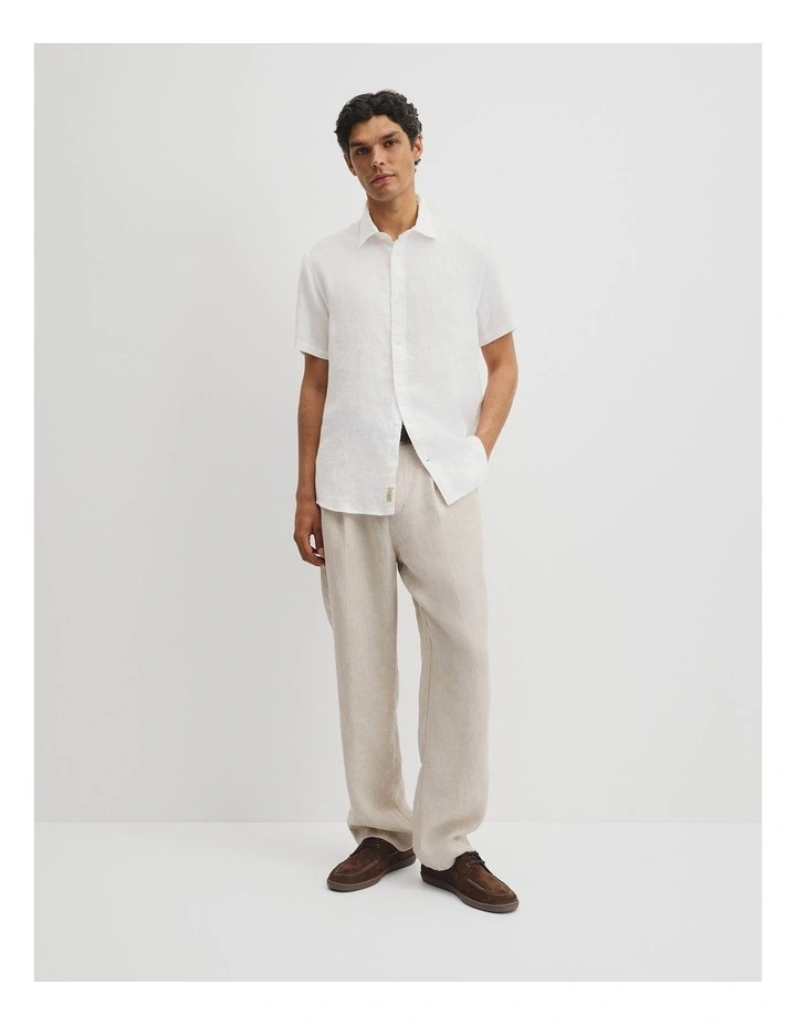 Regular Fit Short Sleeve Linen Shirt in White image 4