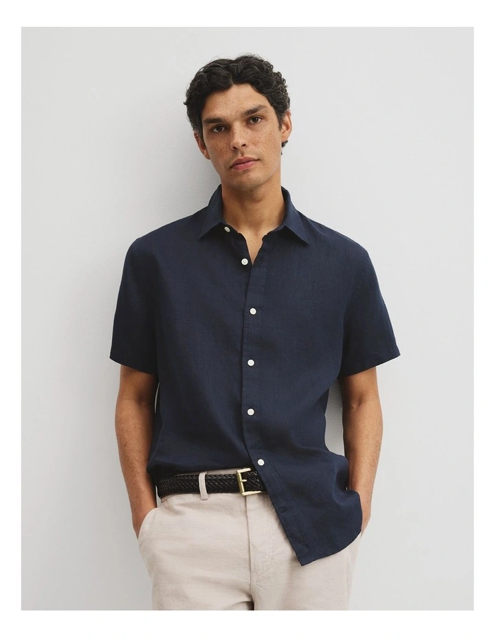 Regular Fit Short Sleeve Linen Shirt in Navy image 1