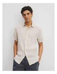 Regular Fit Short Sleeve Linen Shirt in Almond