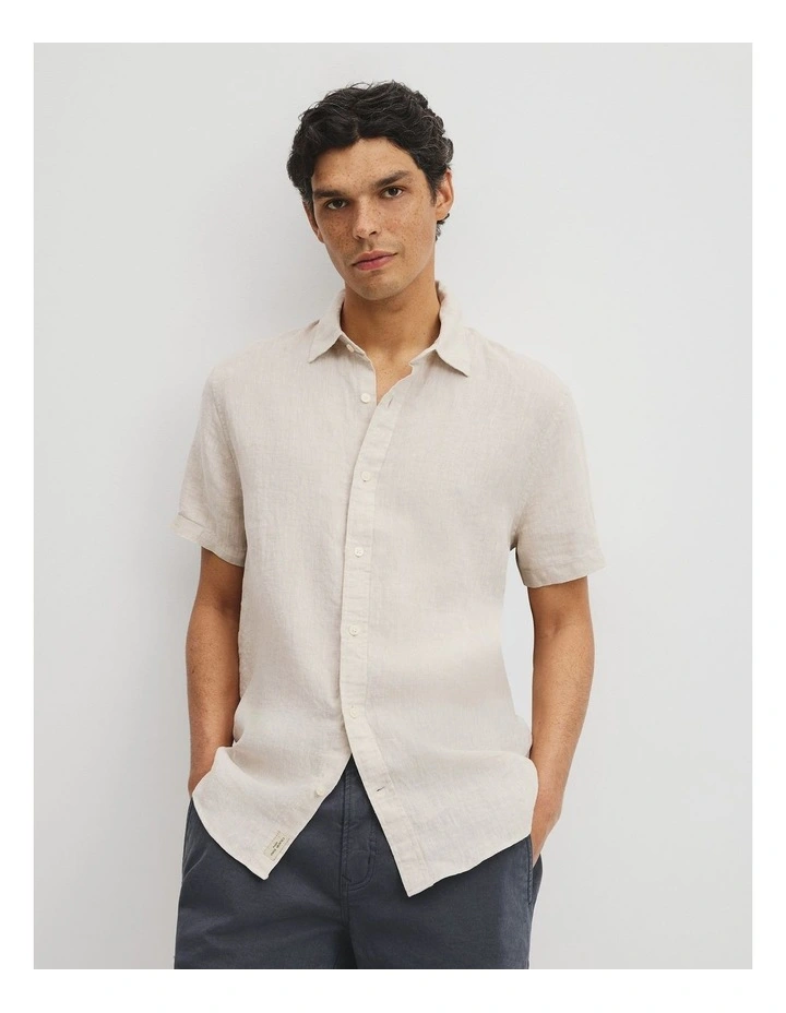 Regular Fit Short Sleeve Linen Shirt in Almond image 1