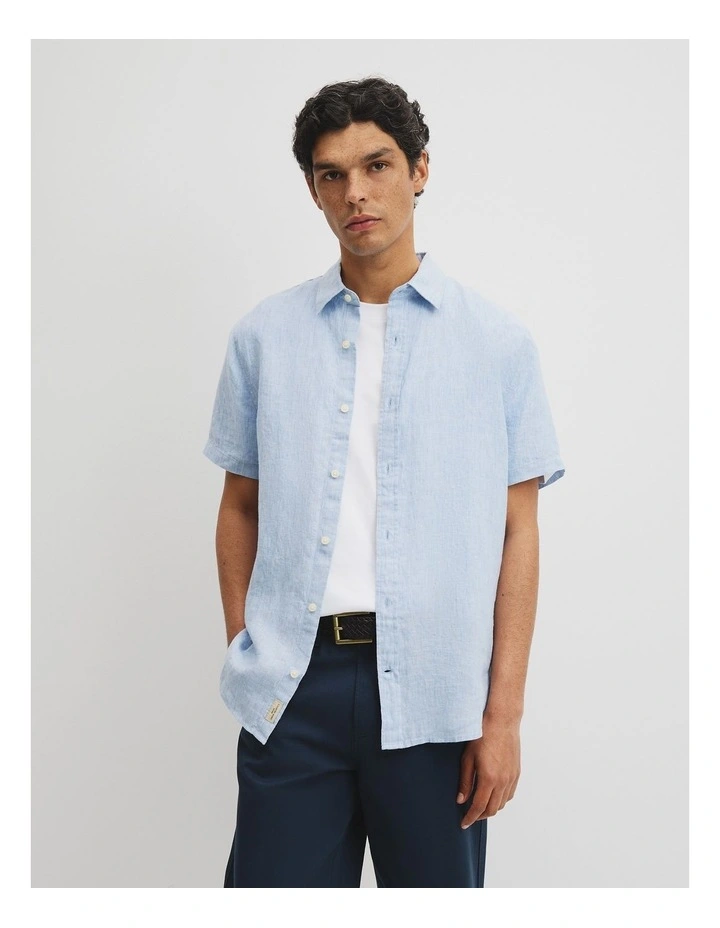 Regular Fit Short Sleeve Linen Shirt in Light Blue image 1